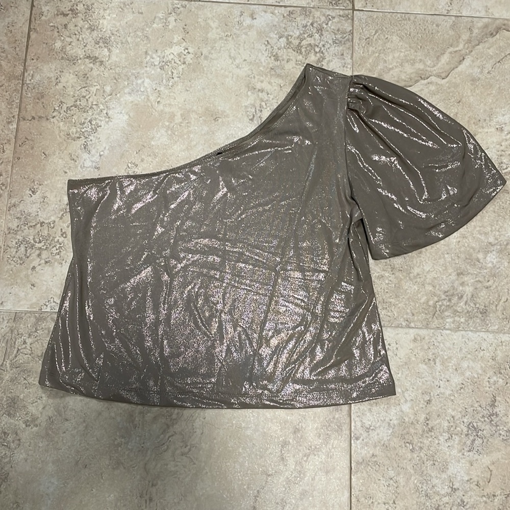 Valija one shoulder short sleeve metallic crop top. Size Small.